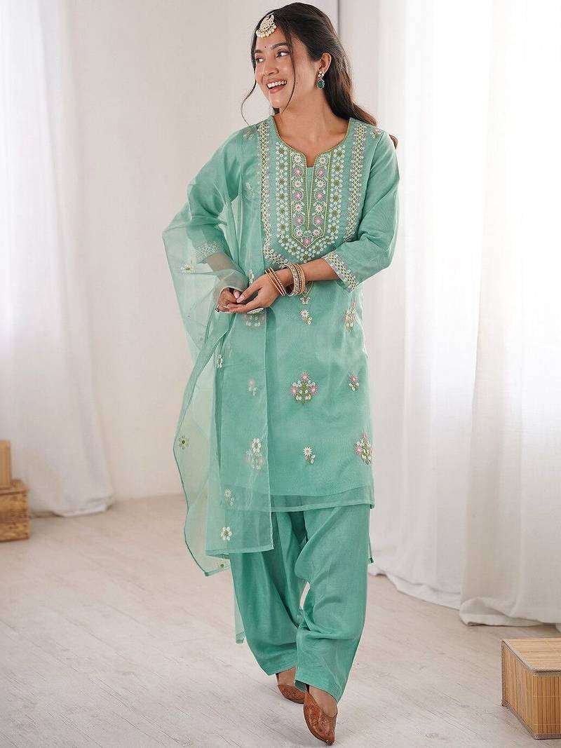 Women Embroidered Regular Kurta with Trousers & With Dupatta