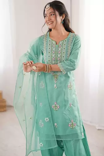 Women Embroidered Regular Kurta with Trousers & With Dupatta