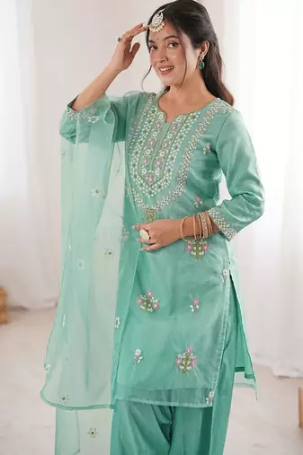 Women Embroidered Regular Kurta with Trousers & With Dupatta