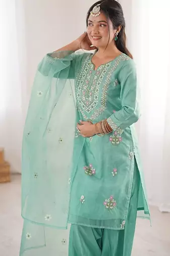 Women Embroidered Regular Kurta with Trousers & With Dupatta