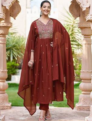 Women Embroidered Regular Pure Cotton Kurta with Trousers & With Dupatta 1