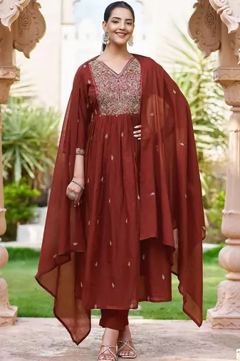 Women Embroidered Regular Pure Cotton Kurta with Trousers & With Dupatta