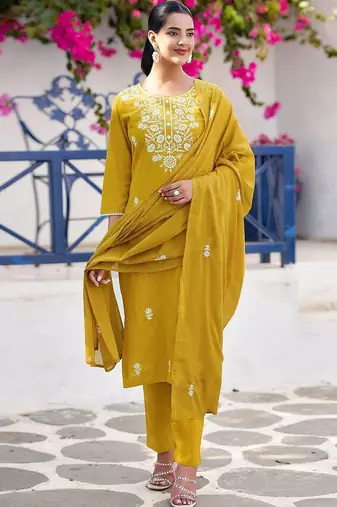 Women Embroidered Regular Kurta with Trousers & With Dupatta
