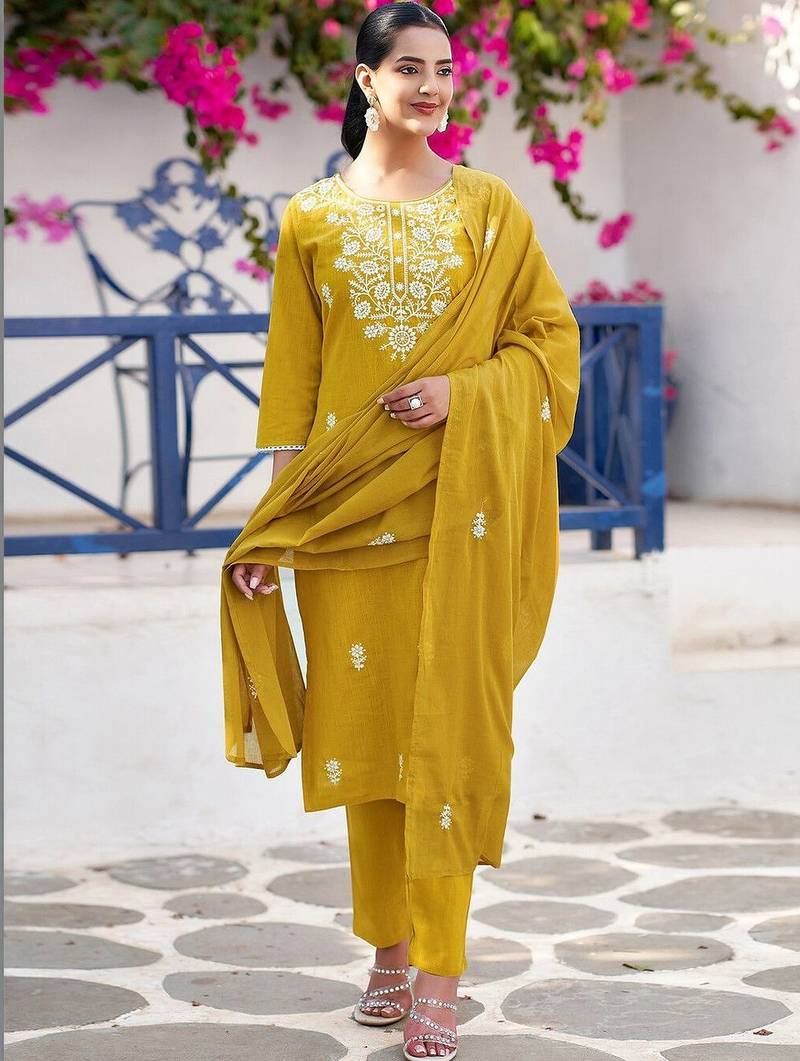 Women Embroidered Regular Kurta with Trousers & With Dupatta