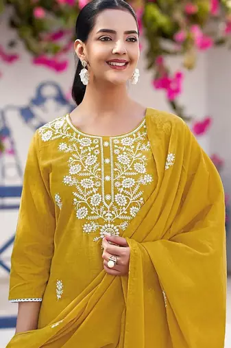 Women Embroidered Regular Kurta with Trousers & With Dupatta