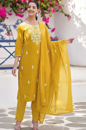 Women Embroidered Regular Kurta with Trousers & With Dupatta