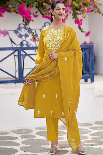 Women Embroidered Regular Kurta with Trousers & With Dupatta