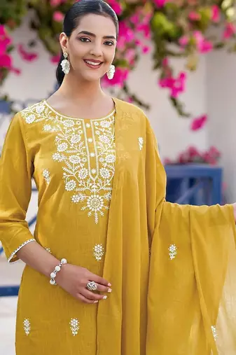 Women Embroidered Regular Kurta with Trousers & With Dupatta