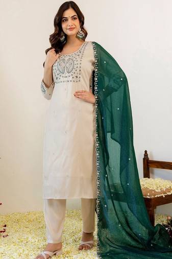 Women Embroidered Regular Kurta with Pyjamas & With Dupatta