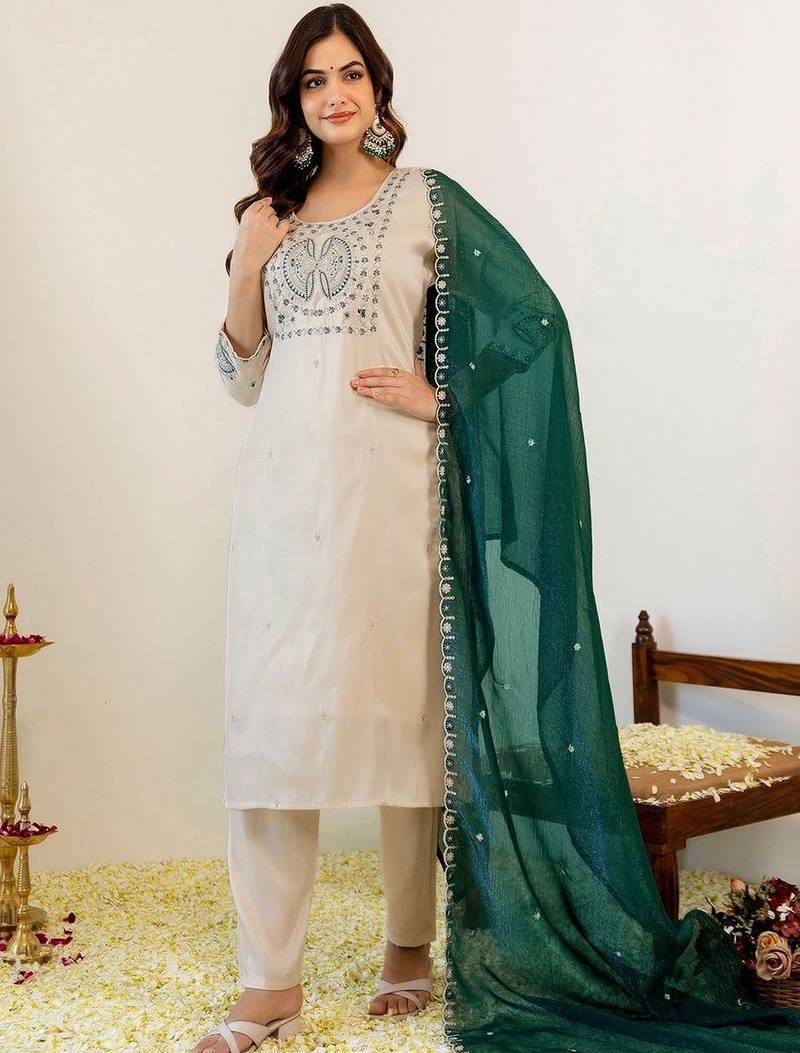 Women Embroidered Regular Kurta with Pyjamas & With Dupatta