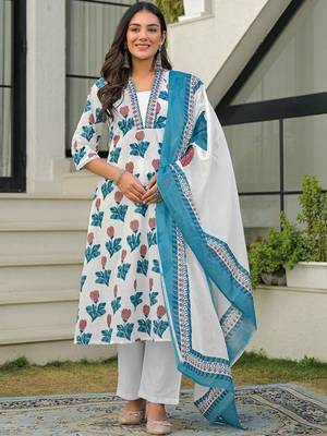 Women Ethnic Motifs Printed Regular Pure Cotton Kurta with Palazzos & With Dupatta 1