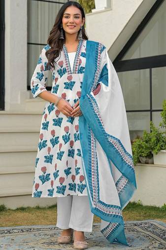 Women Ethnic Motifs Printed Regular Pure Cotton Kurta with Palazzos & With Dupatta