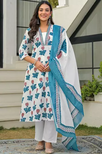 Women Ethnic Motifs Printed Regular Pure Cotton Kurta with Palazzos & With Dupatta