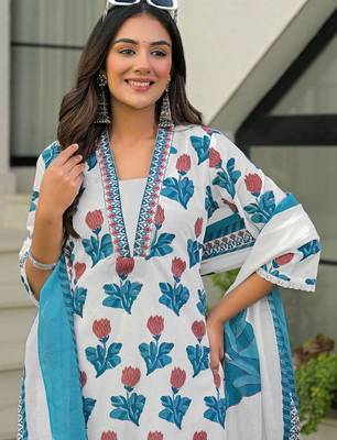 Women Ethnic Motifs Printed Regular Pure Cotton Kurta with Palazzos & With Dupatta 3