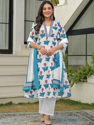 Women Ethnic Motifs Printed Regular Pure Cotton Kurta with Palazzos & With Dupatta 4
