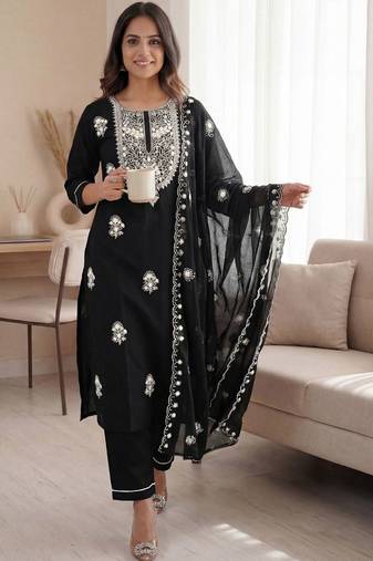 Women Ethnic Motifs Embroidered Regular Thread Work Kurta with Trousers & With Dupatta
