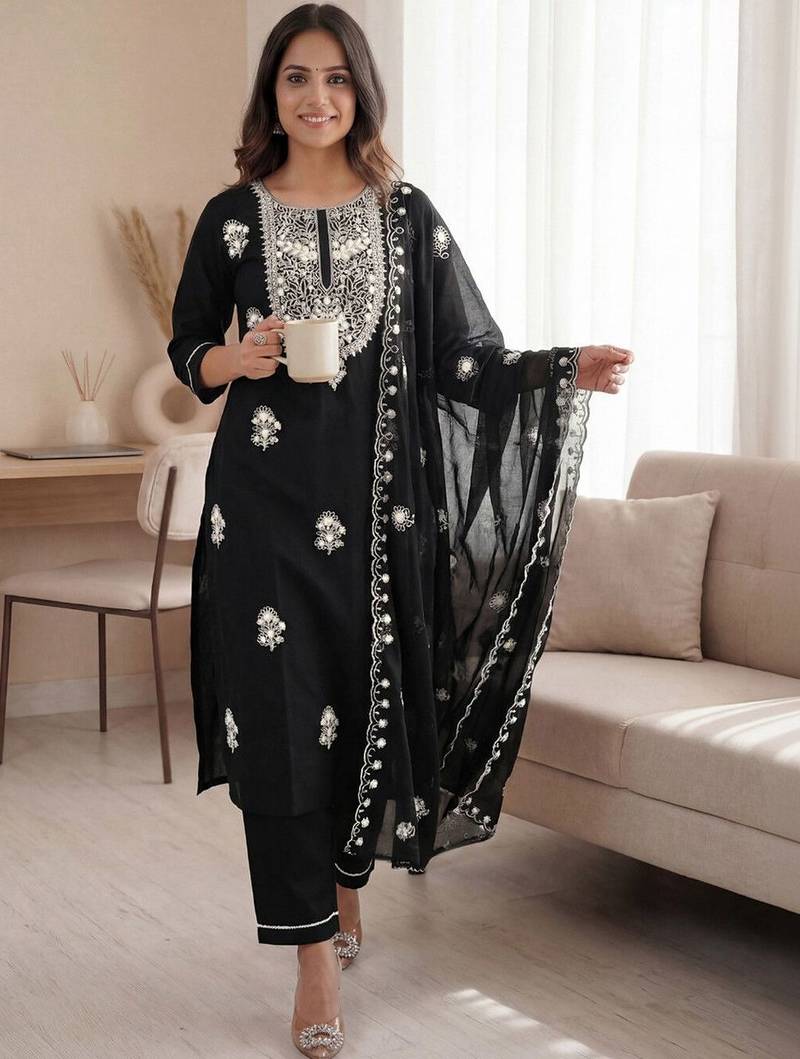 Women Ethnic Motifs Embroidered Regular Thread Work Kurta with Trousers & With Dupatta