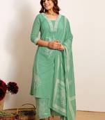 Women Floral Embroidered Regular Thread Work Kurta with Palazzos & With Dupatta