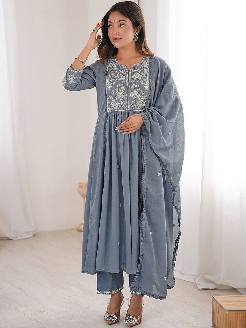 Women Embroidered Regular Kurta with Trousers & With Dupatta