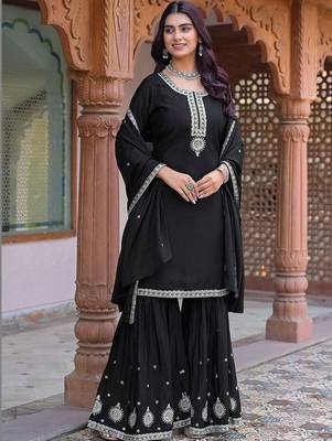 Women Ethnic Motifs Embroidered Regular Thread Work Silk Chiffon Kurta with Sharara & With Dupatta 1