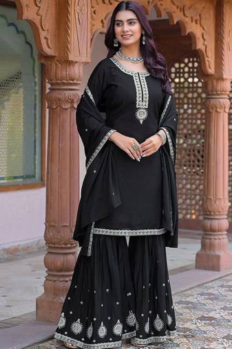 Women Ethnic Motifs Embroidered Regular Thread Work Silk Chiffon Kurta with Sharara & With Dupatta