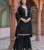 Women Ethnic Motifs Embroidered Regular Thread Work Silk Chiffon Kurta with Sharara & With Dupatta