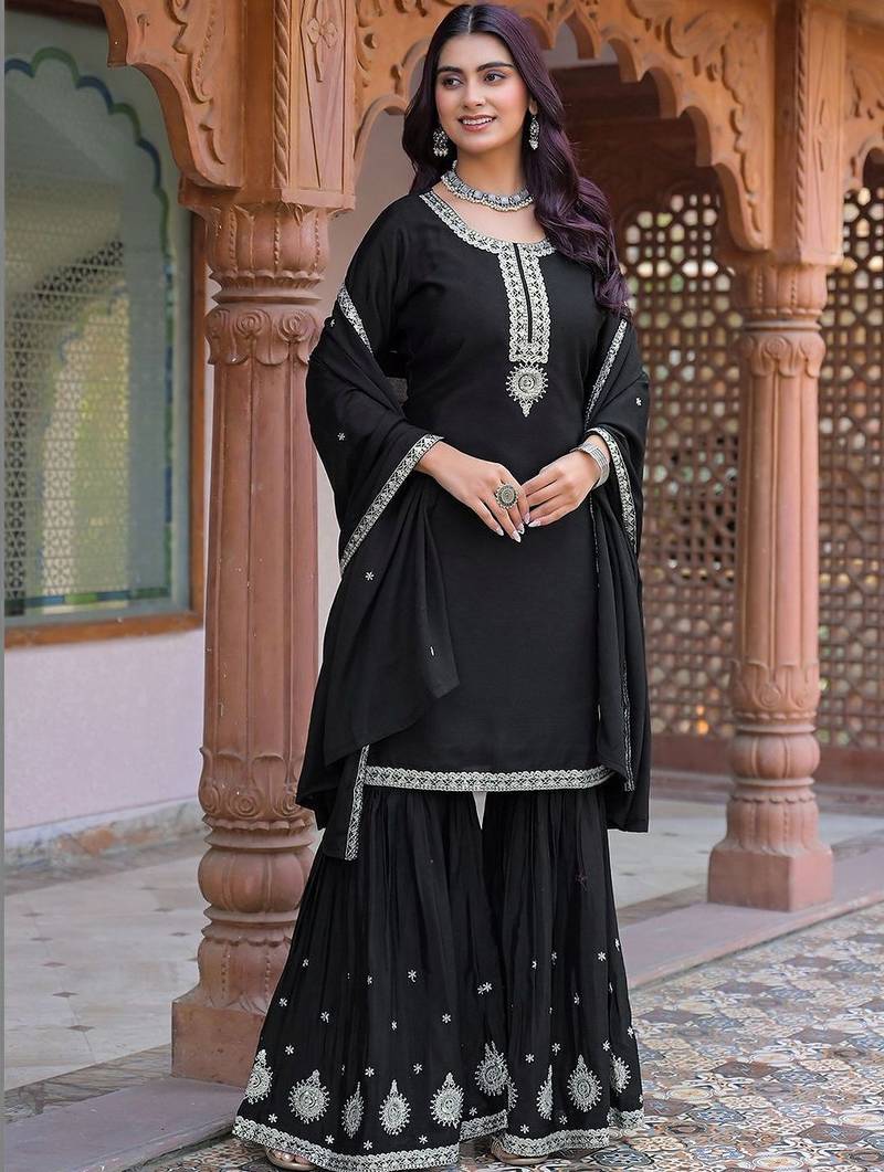 Women Ethnic Motifs Embroidered Regular Thread Work Silk Chiffon Kurta with Sharara & With Dupatta