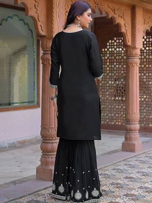 Women Ethnic Motifs Embroidered Regular Thread Work Silk Chiffon Kurta with Sharara & With Dupatta 3