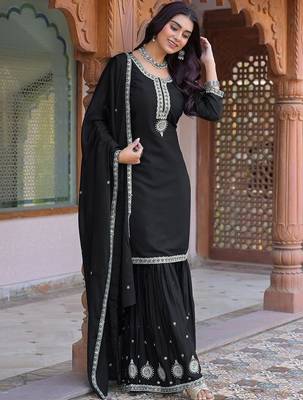 Women Ethnic Motifs Embroidered Regular Thread Work Silk Chiffon Kurta with Sharara & With Dupatta 6
