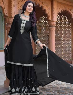 Women Ethnic Motifs Embroidered Regular Thread Work Silk Chiffon Kurta with Sharara & With Dupatta 7