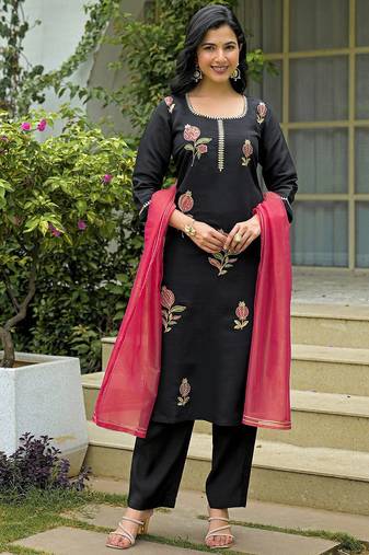 Women Embroidered Regular Sequinned Kurta with Trousers & With Dupatta
