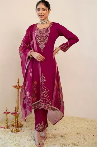 Women Ethnic Motifs Embroidered Regular Thread Work Kurta with Trousers & With Dupatta