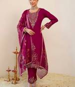 Women Ethnic Motifs Embroidered Regular Thread Work Kurta with Trousers & With Dupatta