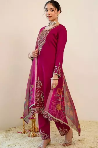 Women Ethnic Motifs Embroidered Regular Thread Work Kurta with Trousers & With Dupatta