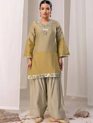 Mirror Work Brown Silk Farsi Salwar Co Ords for Women 1