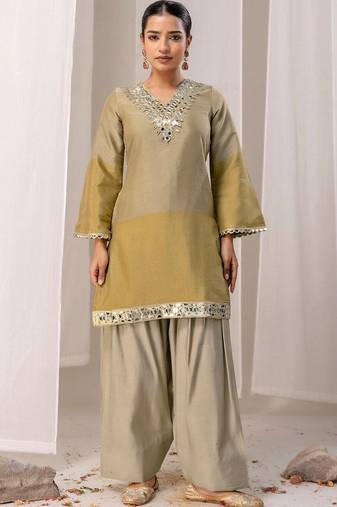 Mirror Work Brown Silk Farsi Salwar Co Ords for Women