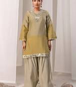 Mirror Work Brown Silk Farsi Salwar Co Ords for Women