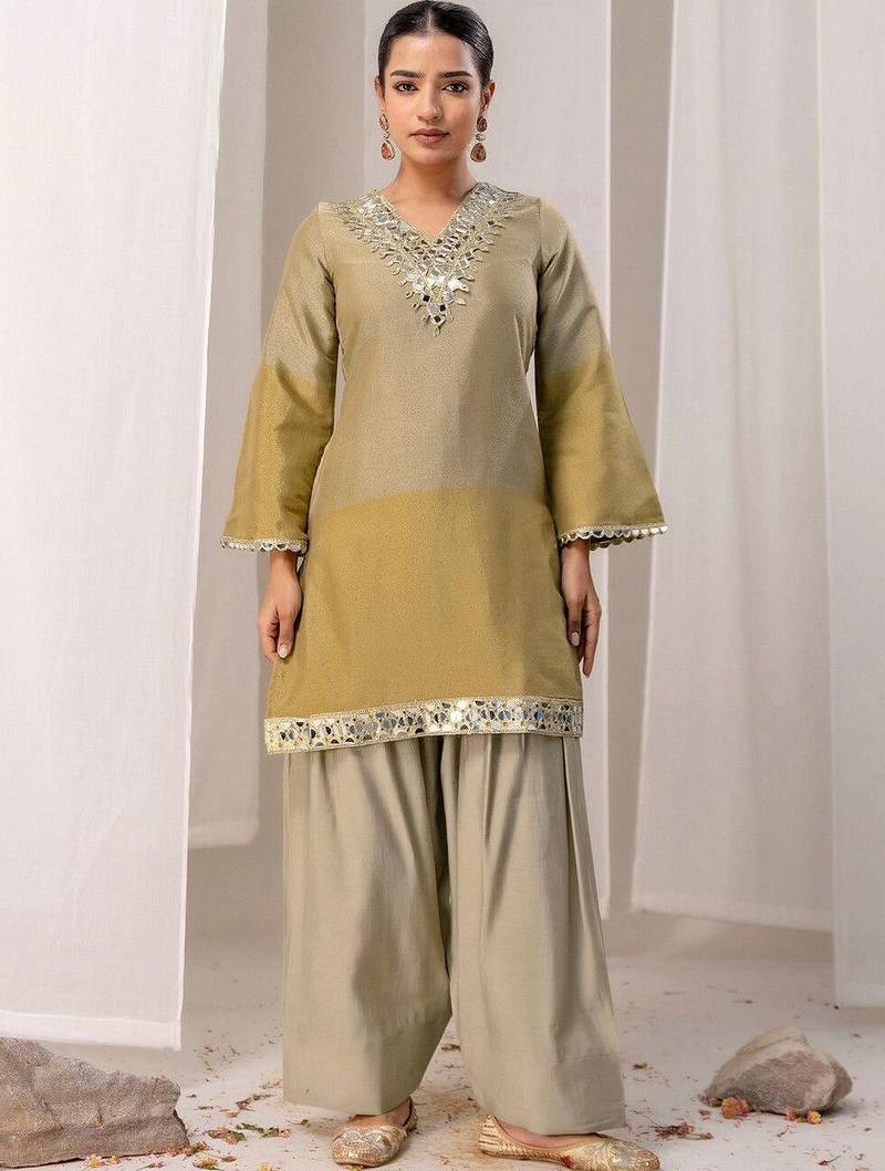 Mirror Work Brown Silk Farsi Salwar Co Ords for Women