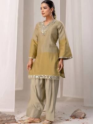 Mirror Work Brown Silk Farsi Salwar Co Ords for Women 3