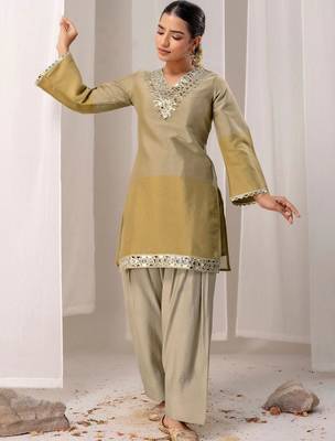 Mirror Work Brown Silk Farsi Salwar Co Ords for Women 6