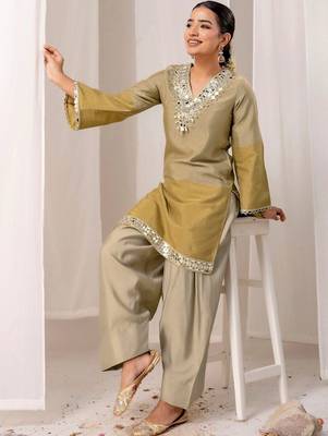 Mirror Work Brown Silk Farsi Salwar Co Ords for Women 7