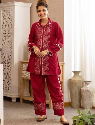 Embroidered Dark Red Cotton Blend Co Ords for Women 1