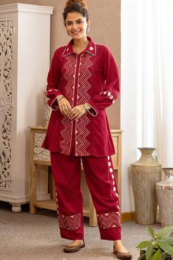 Embroidered Dark Red Cotton Blend Co Ords for Women