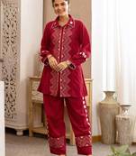 Embroidered Dark Red Cotton Blend Co Ords for Women