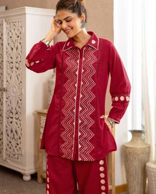 Embroidered Dark Red Cotton Blend Co Ords for Women 2