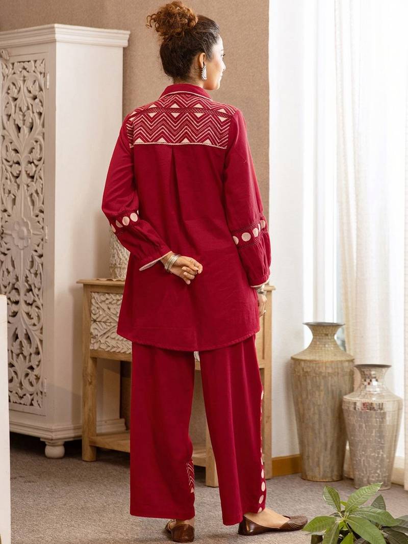 Embroidered Dark Red Cotton Blend Co Ords for Women