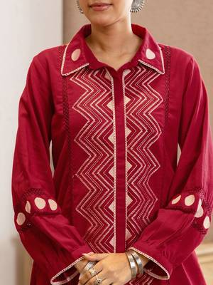 Embroidered Dark Red Cotton Blend Co Ords for Women 4