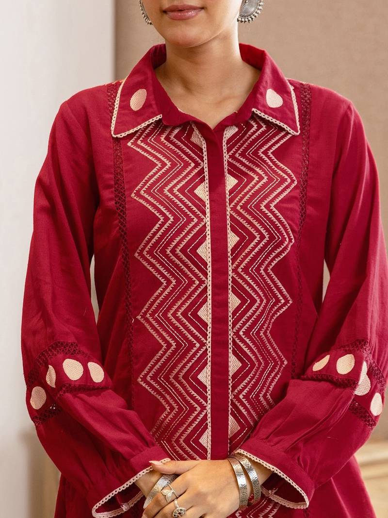 Embroidered Dark Red Cotton Blend Co Ords for Women