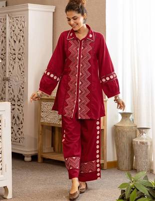 Embroidered Dark Red Cotton Blend Co Ords for Women 5