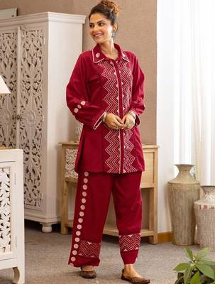 Embroidered Dark Red Cotton Blend Co Ords for Women 6